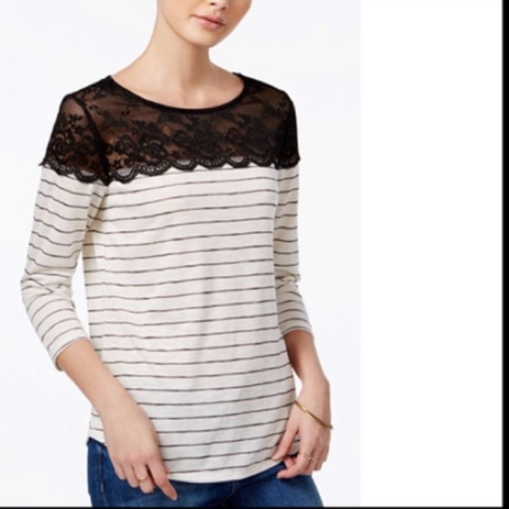 Maison Jules Lace Yoke Striped Top S